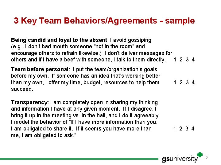 3 Key Team Behaviors/Agreements - sample Being candid and loyal to the absent I