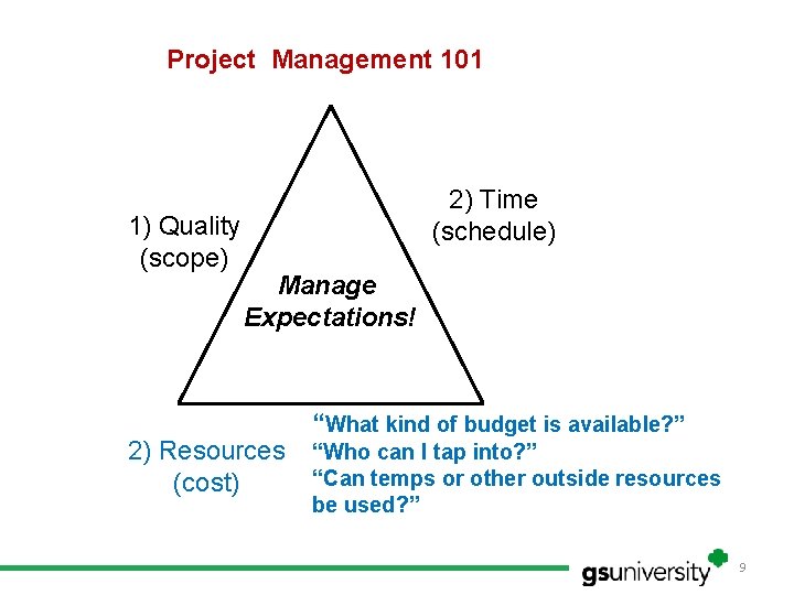 Project Management 101 1) Quality (scope) 2) Time (schedule) Manage Expectations! 2) Resources (cost)