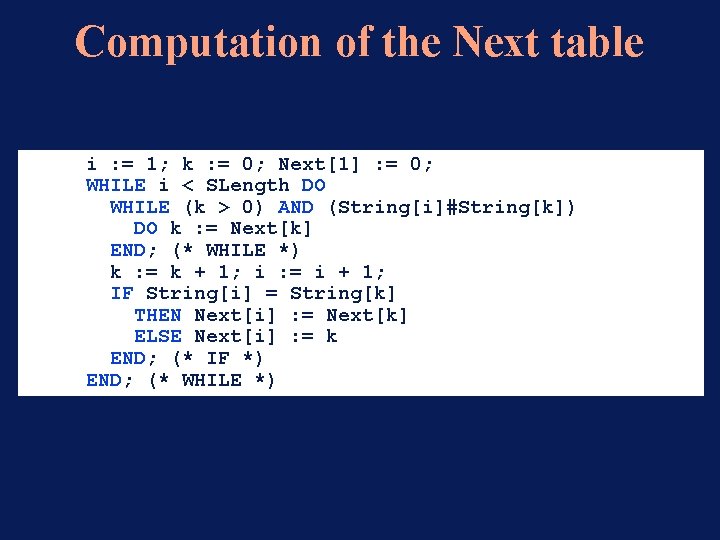 Computation of the Next table i : = 1; k : = 0; Next[1]