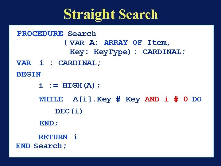 Straight Search PROCEDURE Search ( VAR A: ARRAY OF Item, Key: Key. Type) :