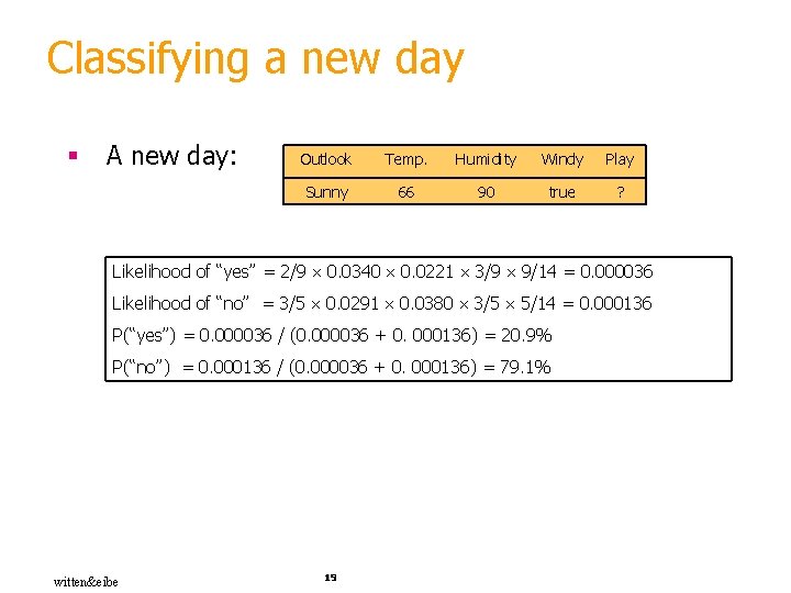 Classifying a new day § A new day: Outlook Temp. Humidity Windy Play Sunny