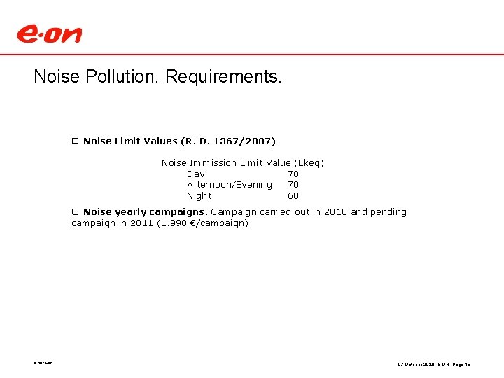 Noise Pollution. Requirements. q Noise Limit Values (R. D. 1367/2007) Noise Immission Limit Value