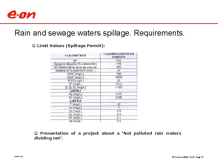 Rain and sewage waters spillage. Requirements. q Limit Values (Spillage Permit): q Presentation of