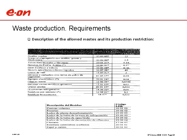 Waste production. Requirements q Description of the allowed wastes and its production restriction: ©