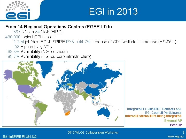 EGI in 2013 From 14 Regional Operations Centres (EGEE-III) to 337 RCs in 34