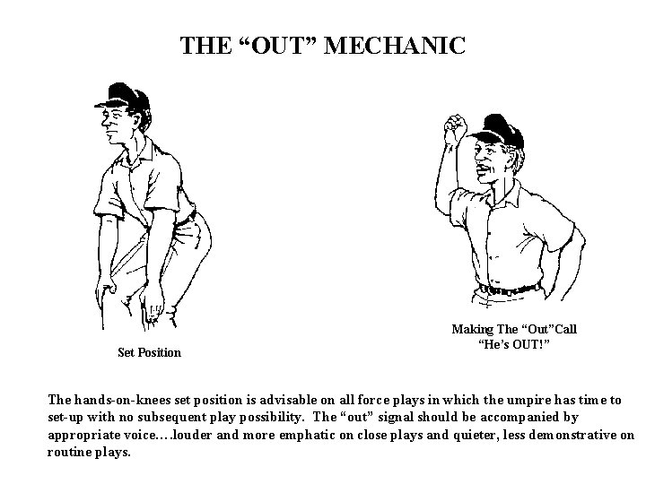 THE “OUT” MECHANIC Set Position Making The “Out”Call “He’s OUT!” The hands-on-knees set position
