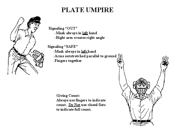 PLATE UMPIRE Signaling “OUT” -Mask always in left hand -Right arm creates right angle