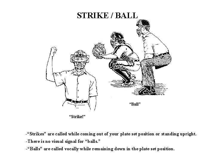 STRIKE / BALL “Ball” “Strike!” -“Strikes” are called while coming out of your plate