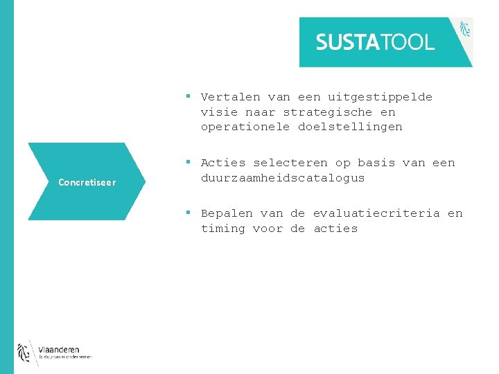 § Vertalen van een uitgestippelde visie naar strategische en operationele doelstellingen Concretiseer § Acties