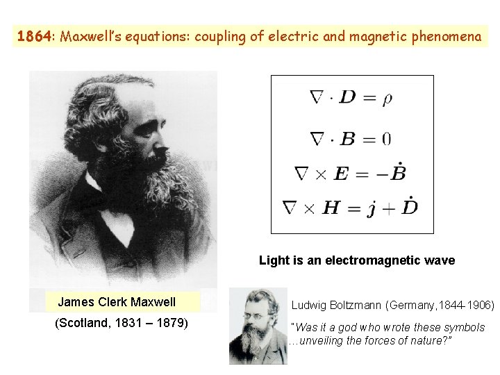 1864: Maxwell’s equations: coupling of electric and magnetic phenomena Light is an electromagnetic wave