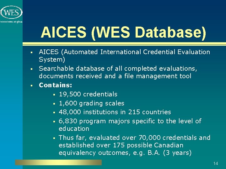 www. wes. org/ca AICES (WES Database) AICES (Automated International Credential Evaluation System) § Searchable