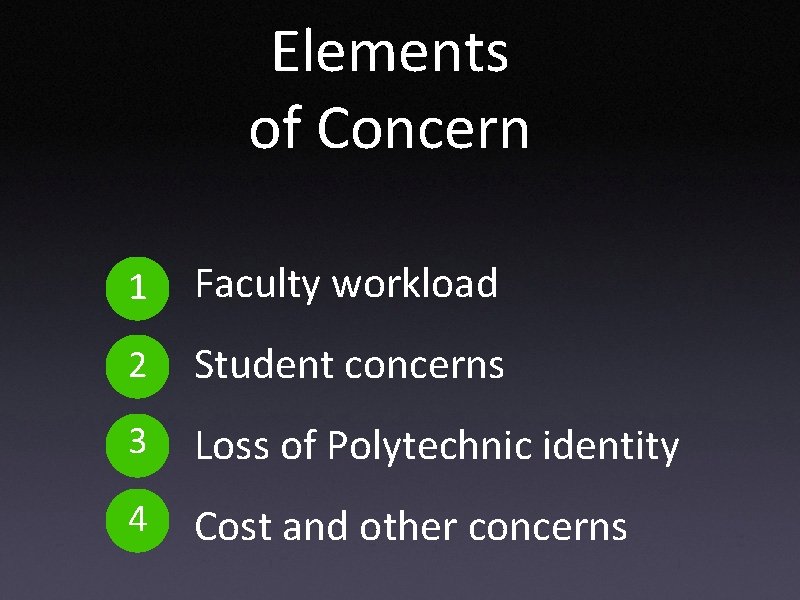 Elements of Concern 1 Faculty workload 2 Student concerns 3 Loss of Polytechnic identity