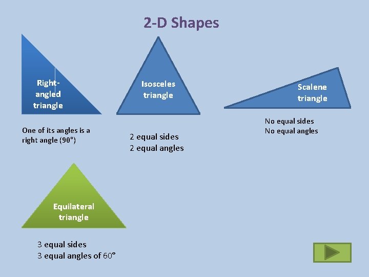 2 -D Shapes Rightangled triangle One of its angles is a right angle (90°)