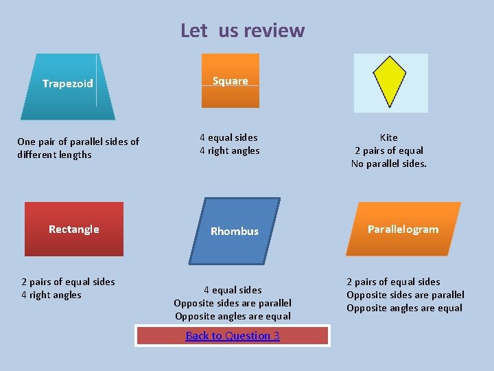 Let us review Trapezoid One pair of parallel sides of different lengths Rectangle 2