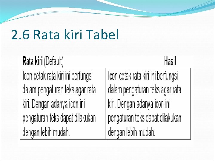 2. 6 Rata kiri Tabel 