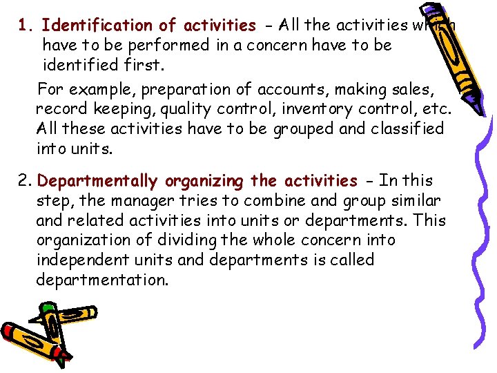 1. Identification of activities - All the activities which have to be performed in