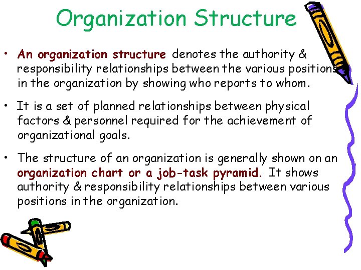 Organization Structure • An organization structure denotes the authority & responsibility relationships between the