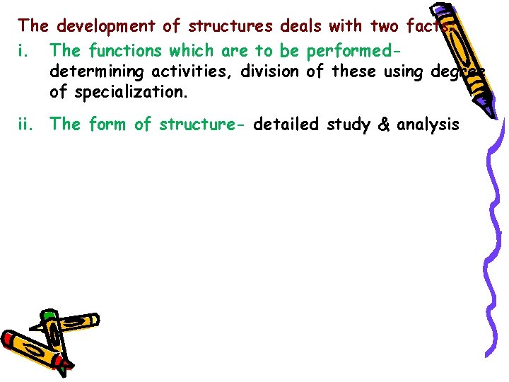 The development of structures deals with two facts: i. The functions which are to