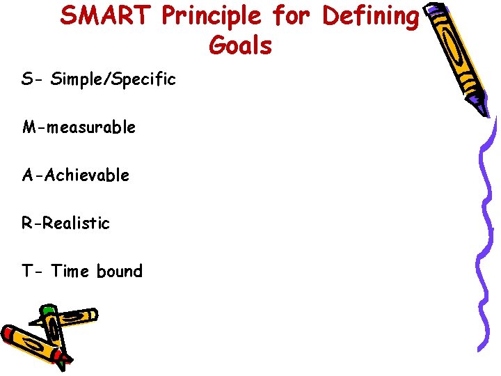 SMART Principle for Defining Goals S- Simple/Specific M-measurable A-Achievable R-Realistic T- Time bound 