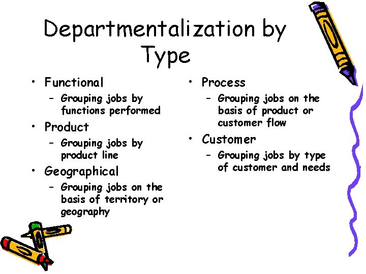 Departmentalization by Type • Functional – Grouping jobs by functions performed • Product –