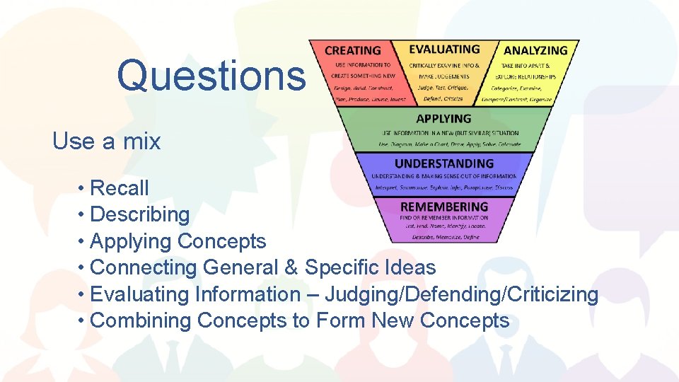 Questions Use a mix • Recall • Describing • Applying Concepts • Connecting General
