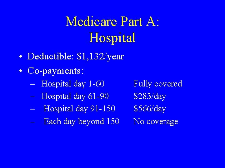 Medicare Part A: Hospital • Deductible: $1, 132/year • Co-payments: – Hospital day 1
