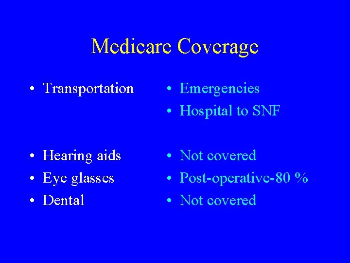 Medicare Coverage • Transportation • Emergencies • Hospital to SNF • Hearing aids •