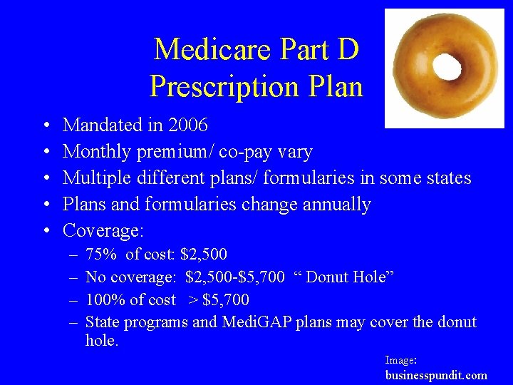 Medicare Part D Prescription Plan • • • Mandated in 2006 Monthly premium/ co-pay