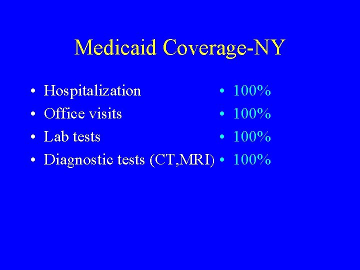 Medicaid Coverage-NY • • Hospitalization Office visits Lab tests Diagnostic tests (CT, MRI) •