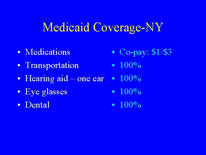 Medicaid Coverage-NY • • • Medications Transportation Hearing aid – one ear Eye glasses