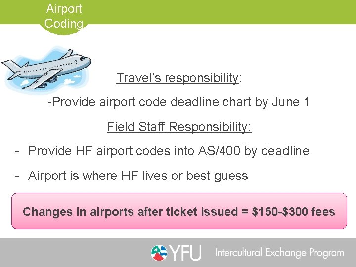 Airport Coding Travel’s responsibility: -Provide airport code deadline chart by June 1 Field Staff