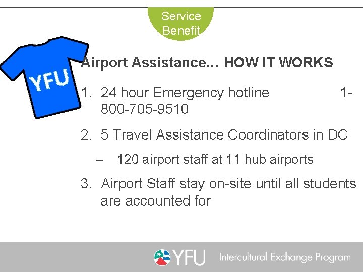 Service Benefit YFU Airport Assistance… HOW IT WORKS 1. 24 hour Emergency hotline 800