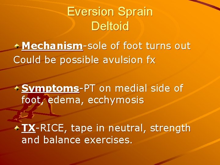 Eversion Sprain Deltoid Mechanism-sole of foot turns out Could be possible avulsion fx Symptoms-PT