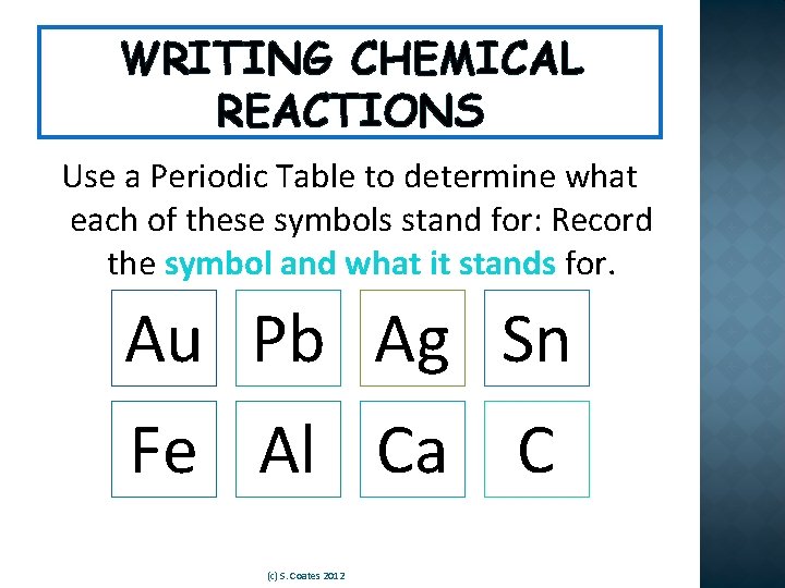 WRITING CHEMICAL REACTIONS Use a Periodic Table to determine what each of these symbols