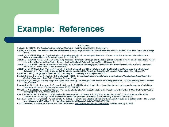 Example: References Cazden, C. (2001). The language of teaching and learning. New Portsmouth, NH: