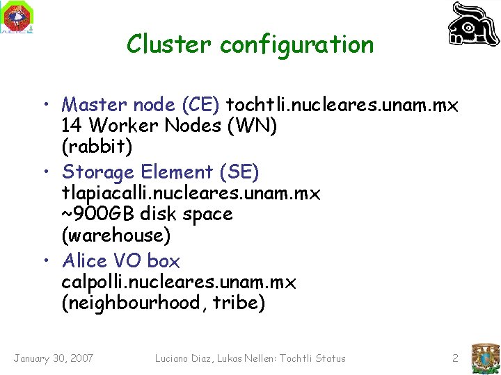 Cluster configuration • Master node (CE) tochtli. nucleares. unam. mx 14 Worker Nodes (WN)