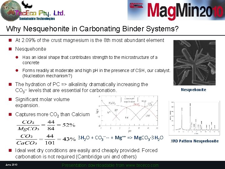 Why Nesquehonite in Carbonating Binder Systems? n At 2. 09% of the crust magnesium