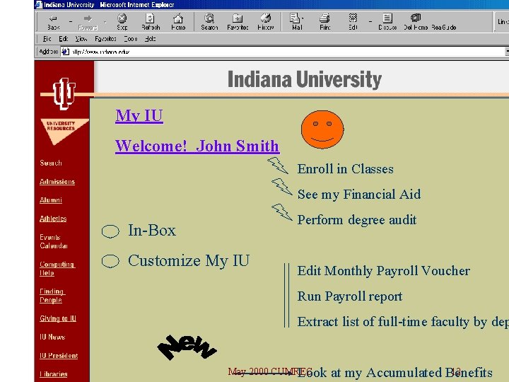 My IU Welcome! John Smith In-Box Enroll in Classes Customize My IU See my
