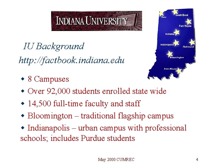 IU Background http: //factbook. indiana. edu w 8 Campuses w Over 92, 000 students