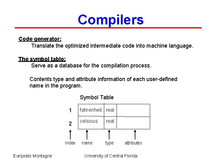 Compilers Code generator: Translate the optimized intermediate code into machine language. The symbol table: