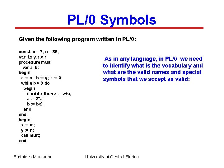 PL/0 Symbols Given the following program written in PL/0: const m = 7, n