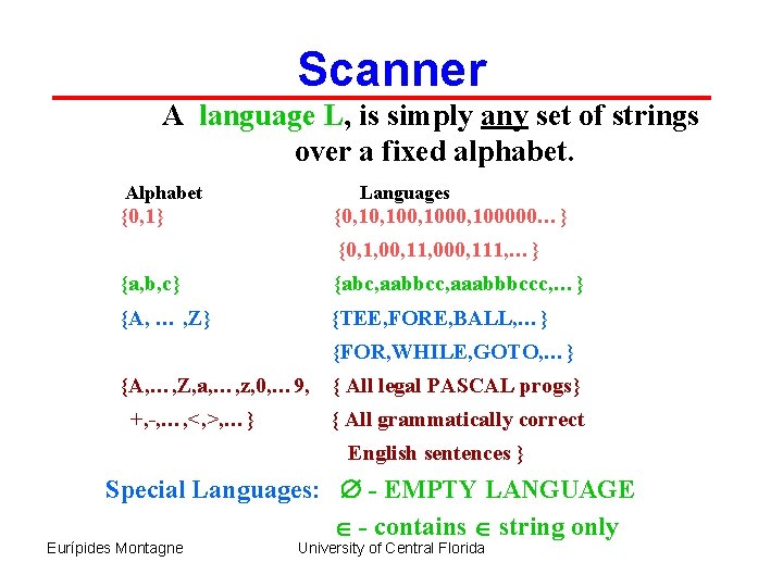 Scanner A language L, is simply any set of strings over a fixed alphabet.
