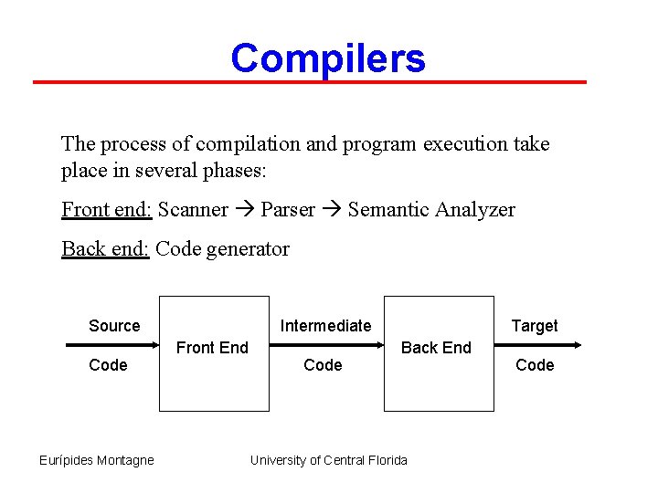 Compilers The process of compilation and program execution take place in several phases: Front