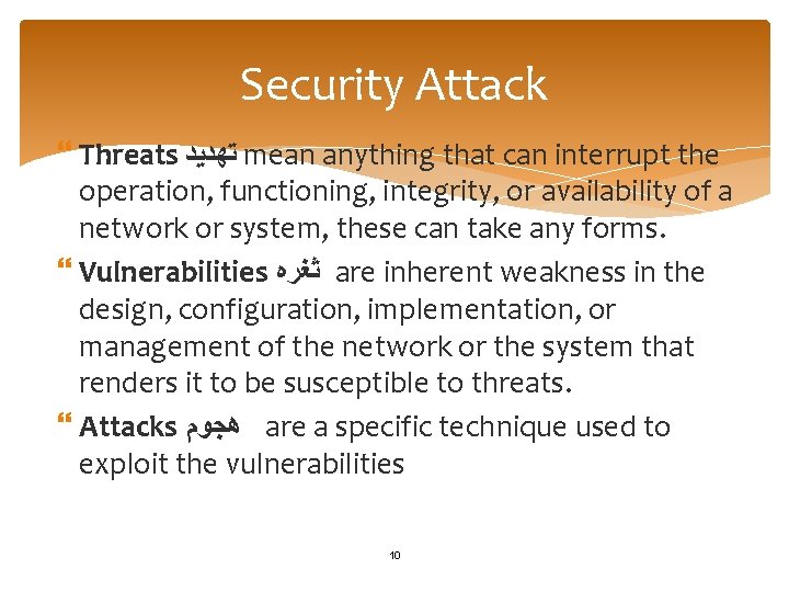 Security Attack Threats ﺗﻬﺪﻳﺪ mean anything that can interrupt the operation, functioning, integrity, or