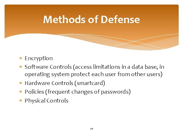 Methods of Defense Encryption Software Controls (access limitations in a data base, in operating