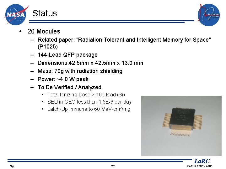 Status • 20 Modules – Related paper: "Radiation Tolerant and Intelligent Memory for Space"