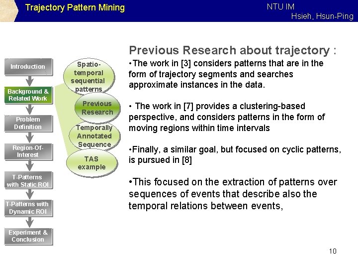 Trajectory Pattern Mining NTU IM Hsieh, Hsun-Ping Previous Research about trajectory : Introduction Background