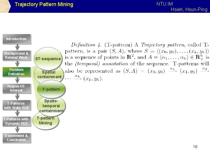 Trajectory Pattern Mining NTU IM Hsieh, Hsun-Ping Introduction Background & Related Work Problem Definition