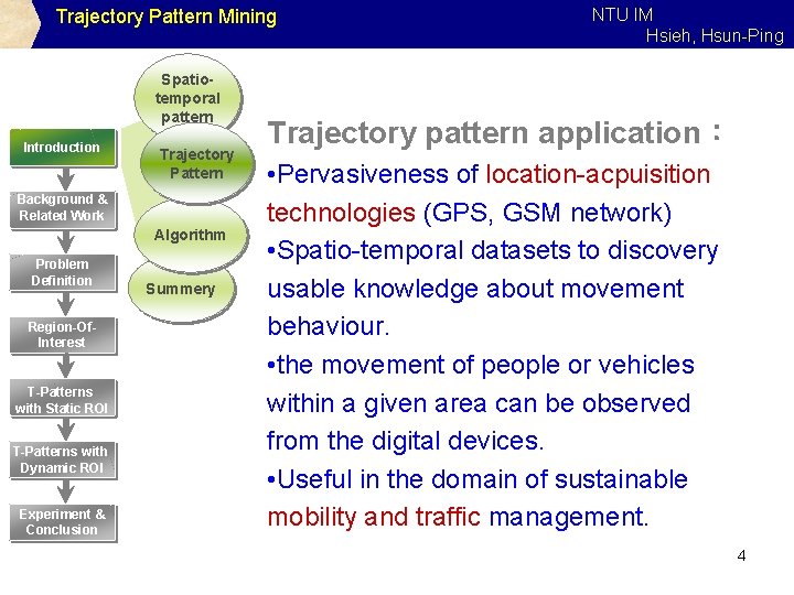 Trajectory Pattern Mining Spatiotemporal pattern Introduction Trajectory Pattern Background & Related Work Algorithm Problem