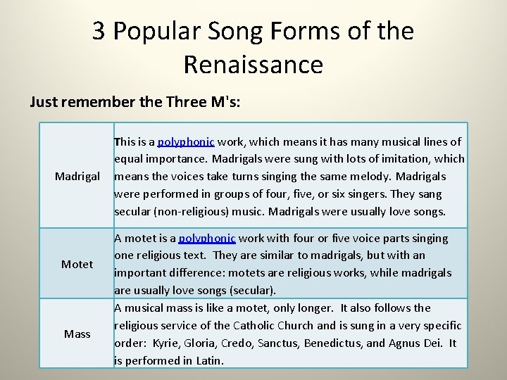 3 Popular Song Forms of the Renaissance Just remember the Three M's: Madrigal Motet